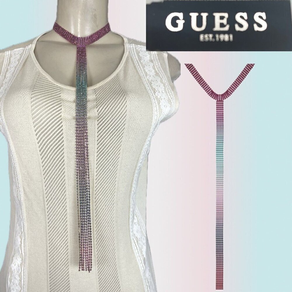 Guess Pink-Teal-Purple Crystal Ombre Choker Gold-Tone Set Long Lariat Necklace